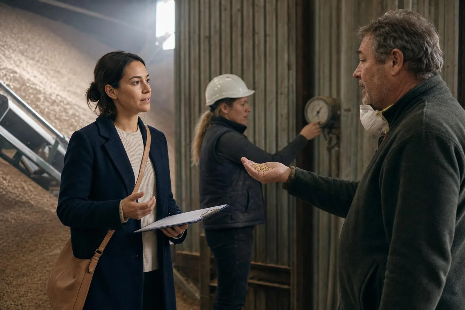 À l'intérieur d'un silo à grain, une visiteuse échange avec un agent qui tient une poignée de grain.