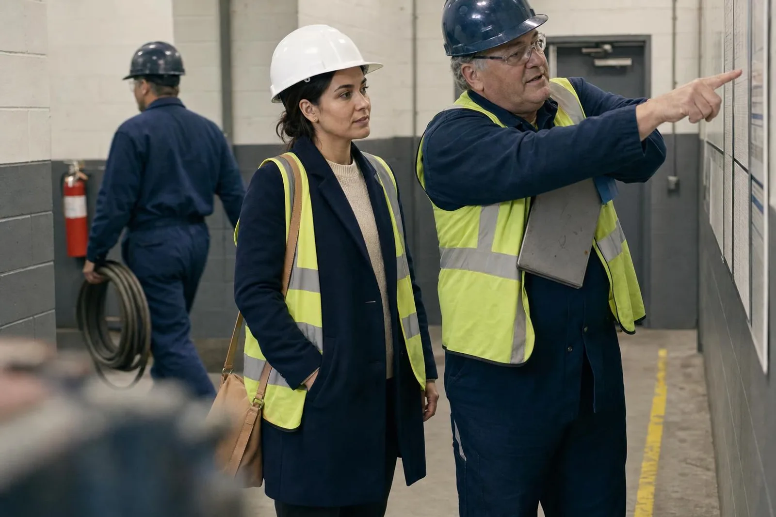 Dans un couloir d'usine, une salariée en casque et gilet suit du regard ce que lui montre un contremaître.
