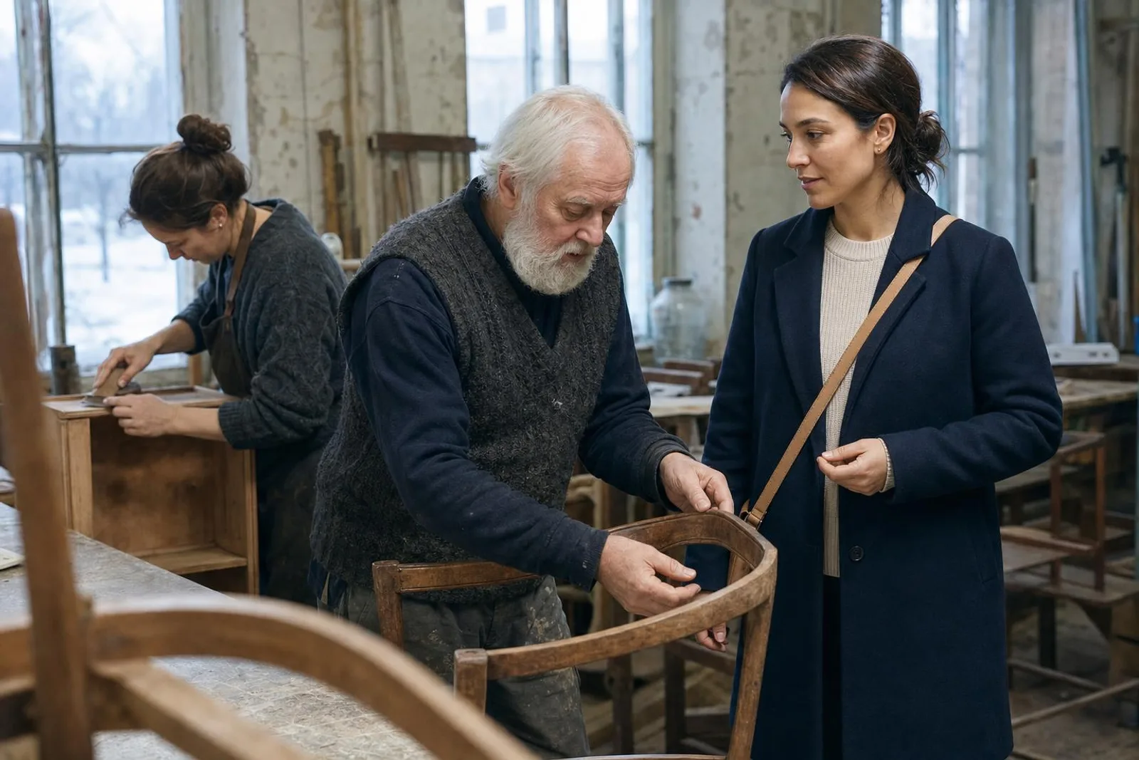 Dans un atelier de restauration de meubles, une passante converse avec l'artisan.