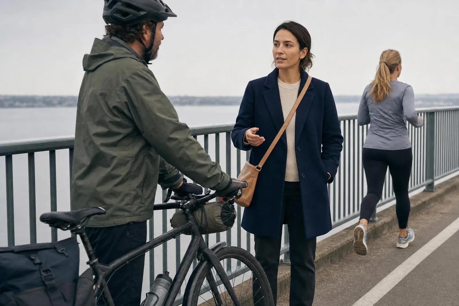 Sur un pont enjambant le Rhin, une passante échange avec un cycliste arrêté à côté d'elle.