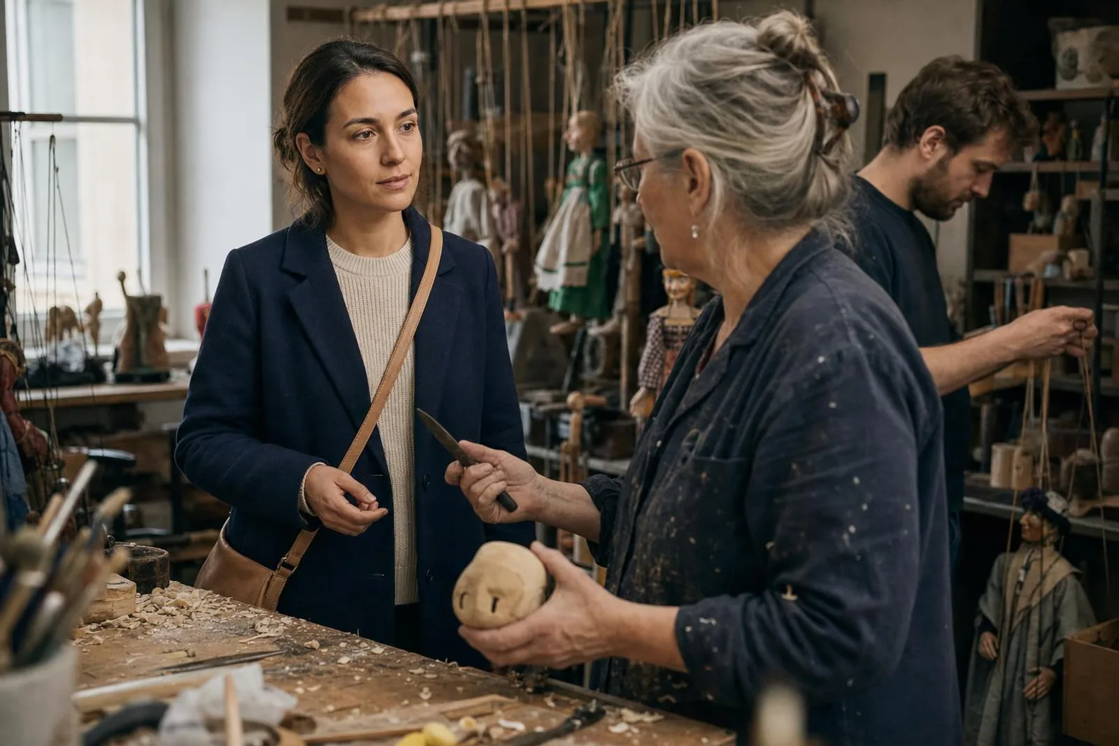 Dans un atelier de marionnettes, une passante converse avec la marionnettiste.