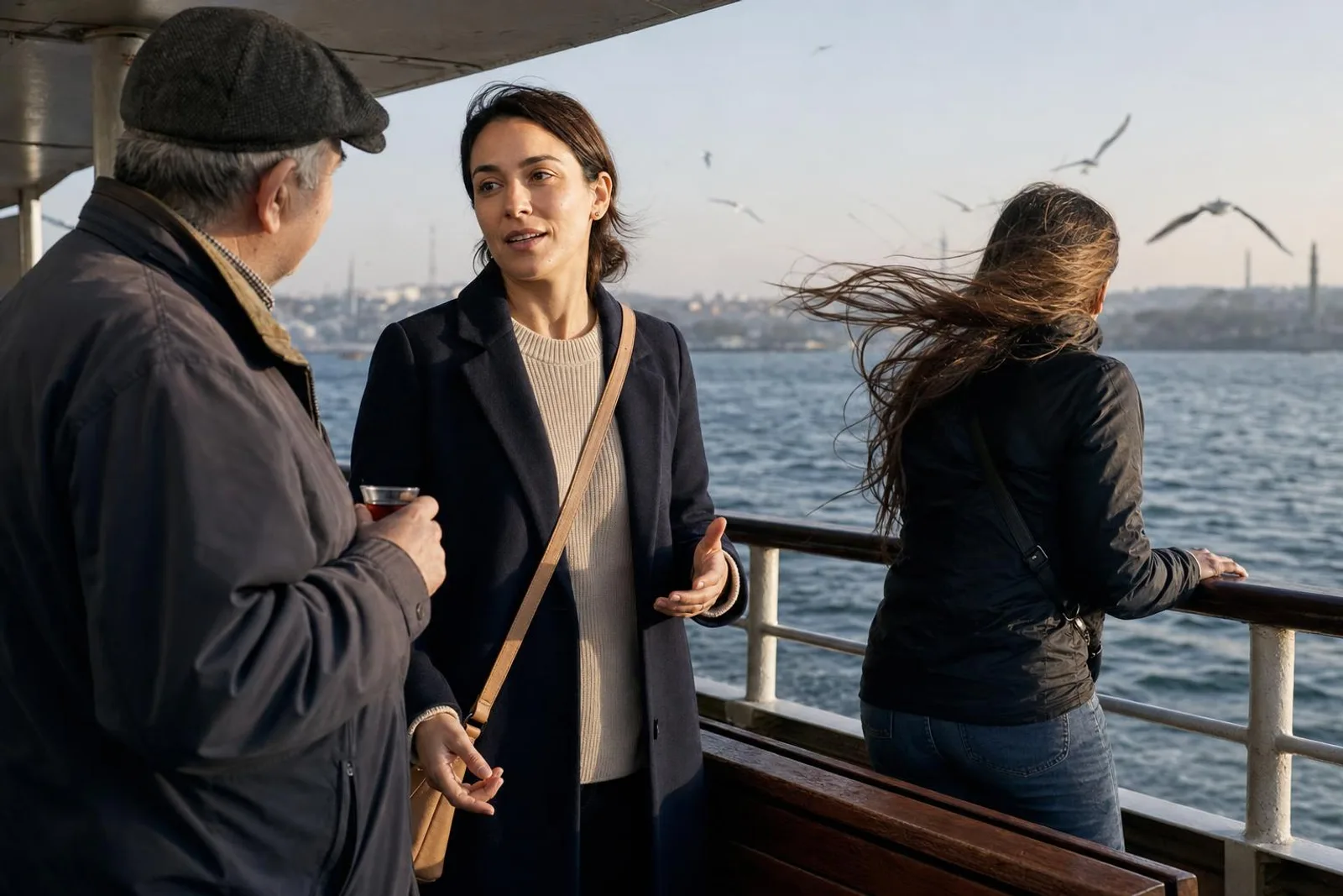 Sur le pont d'un ferry, une passante converse avec un voyageur accoudé au bastingage.