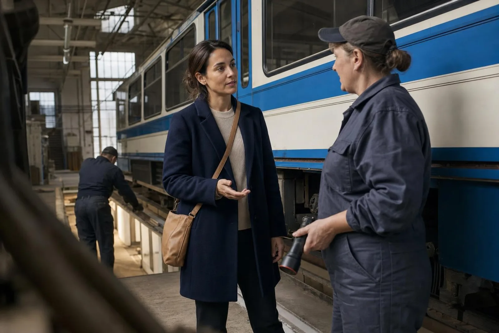 Dans un dépôt de tramways, une passante converse avec une technicienne en bleu de travail.