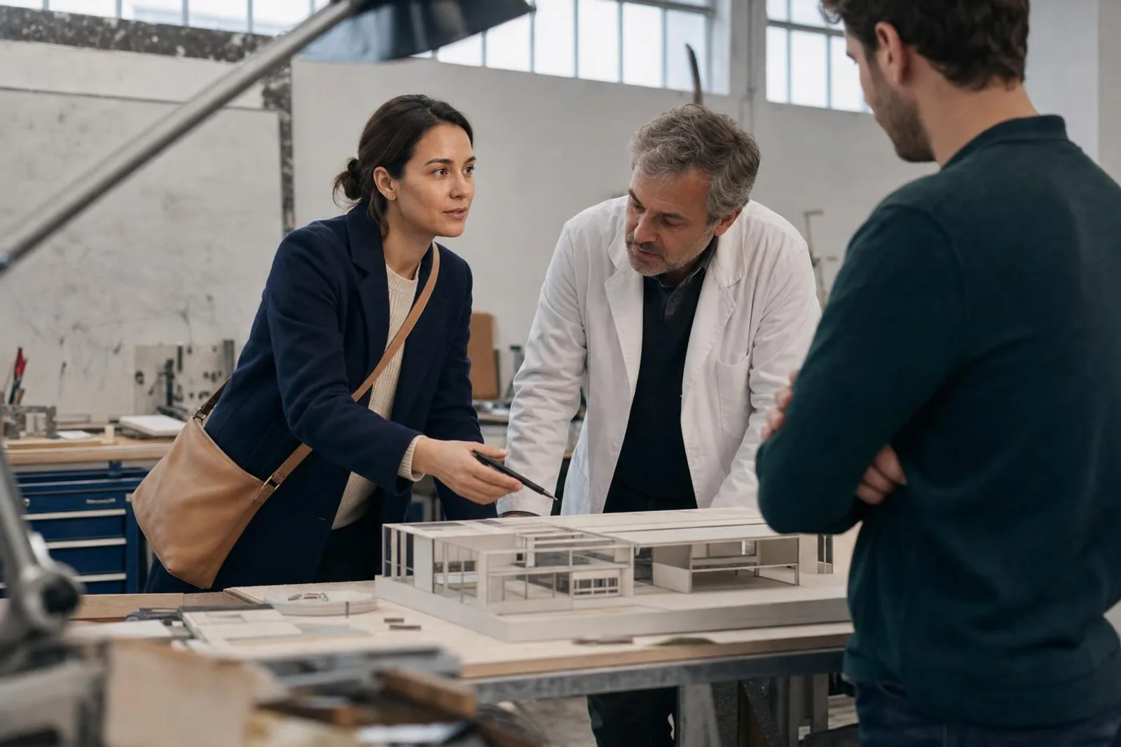 Autour d'une maquette posée sur une table, une ingénieure explique un détail à deux collègues.