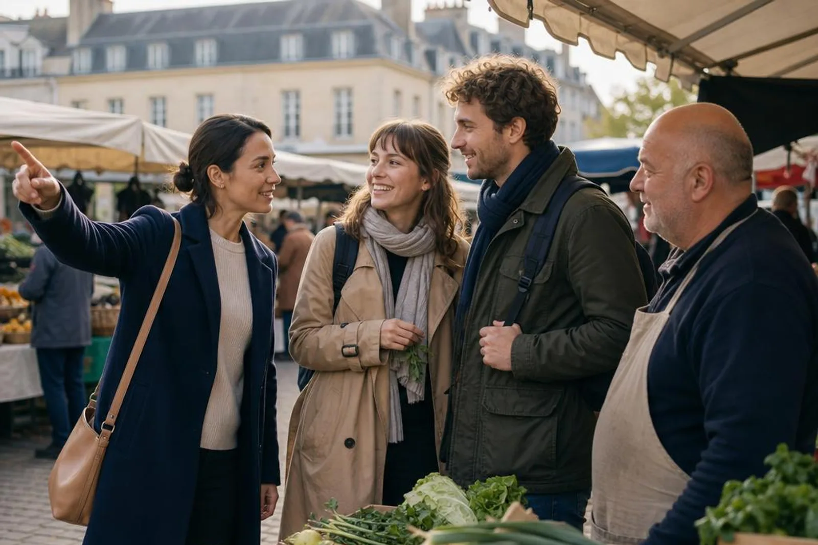 Sur le marché Notre-Dame de Versailles, une passante conseille un couple de visiteurs devant l'étal d'un maraîcher.