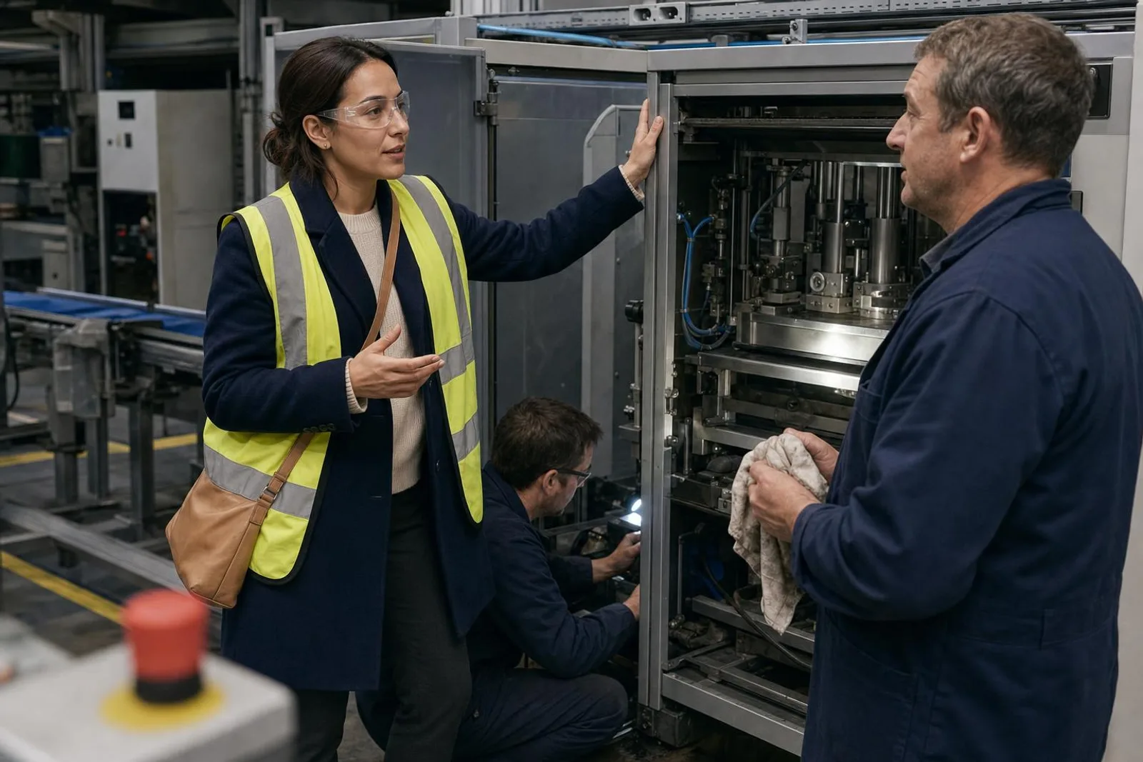 Dans un atelier de production, une ingénieure en gilet de sécurité échange avec un opérateur devant une machine à l'arrêt.